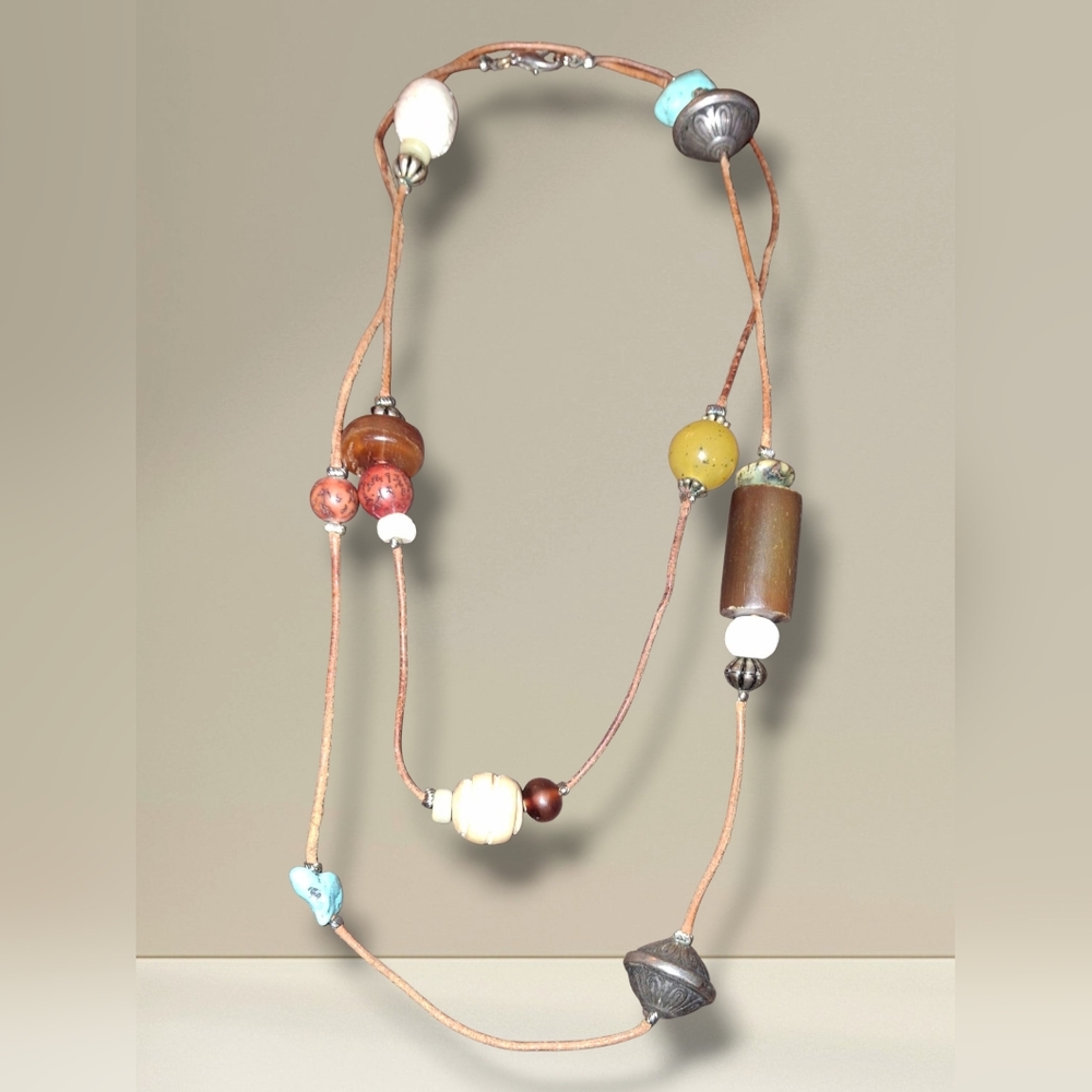Bead Gemstone Amber Vintage Long Rustic Station Necklace Tribal Earthy